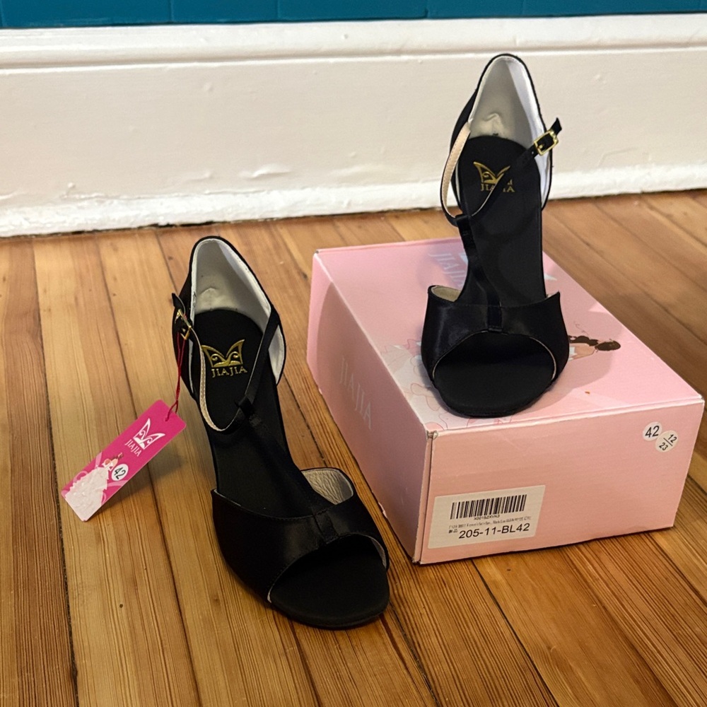 Black Satin T Strap Suede Sole Dance Heels
